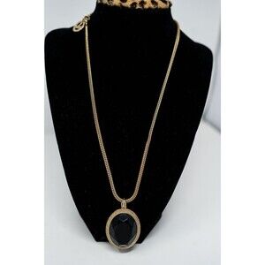 Trifari Gold tone wheat chain black oval pendant adj 18"-20"
